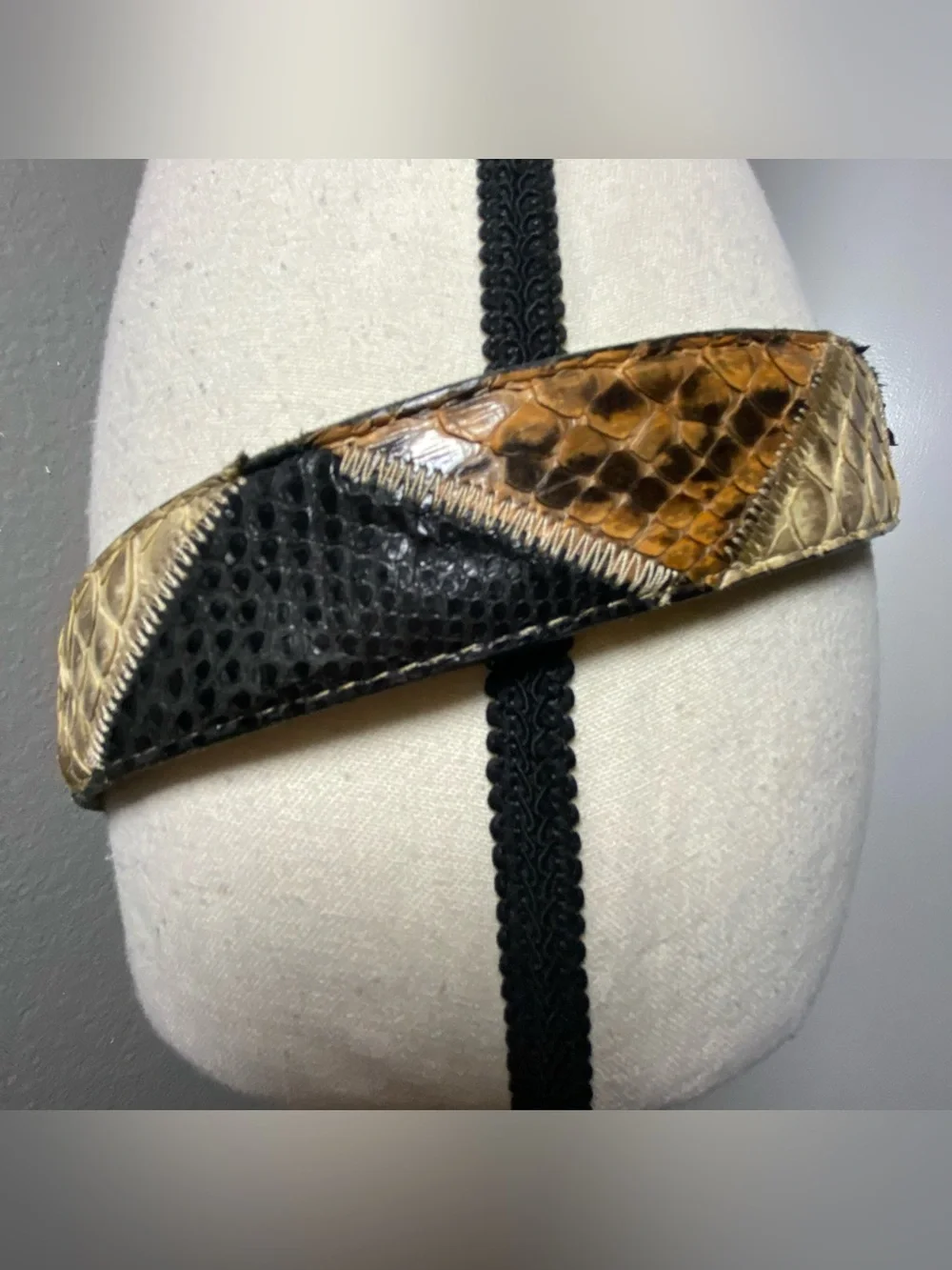 Vintage Italian Tan & Black Patchwork Snakeskin Leathed Belt Size XL